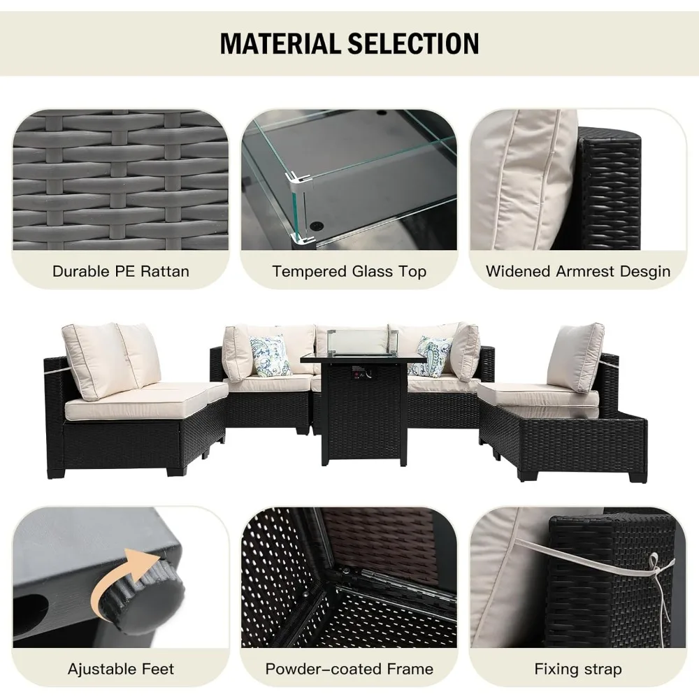 Outdoor Furniture Fire Pit Set - 8 Parça Veranda Mobilyası Rattan Hasır