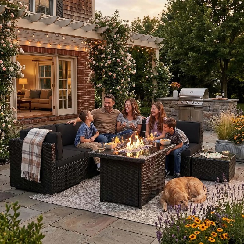 Outdoor Furniture Fire Pit Set - 8 Parçalı Veranda Hasır Köşe Koltuk