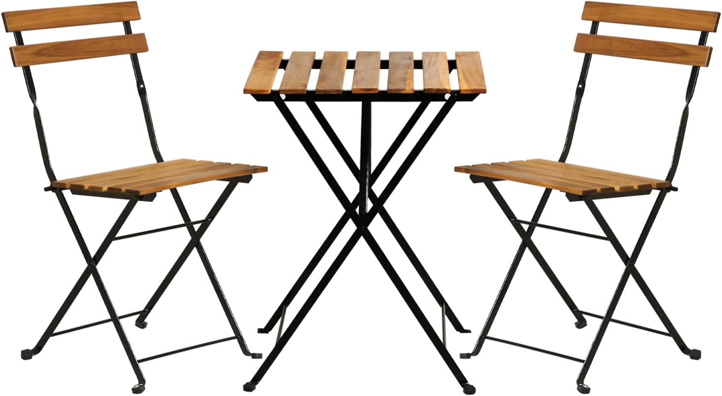 Bistro Table Set - Doğal ahşap 3 parçalı katlanabilir veranda