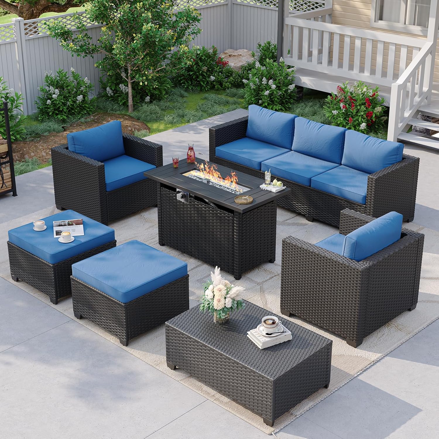 Outdoor Furniture Fire Pit Set - Lacivert Dış Mekan Köşe Koltuk Takımı,